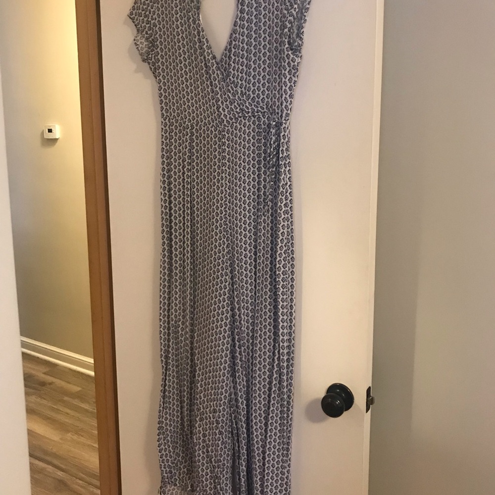 Patterned blue and white jumpsuit.